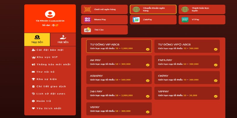 Nạp tiền bằng chuyển khoản ngân hàng